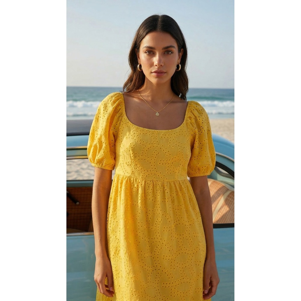 Women's Yellow Eyelet Mini Dress with Puff Sleeves Sz L Peasant Cottage Boho